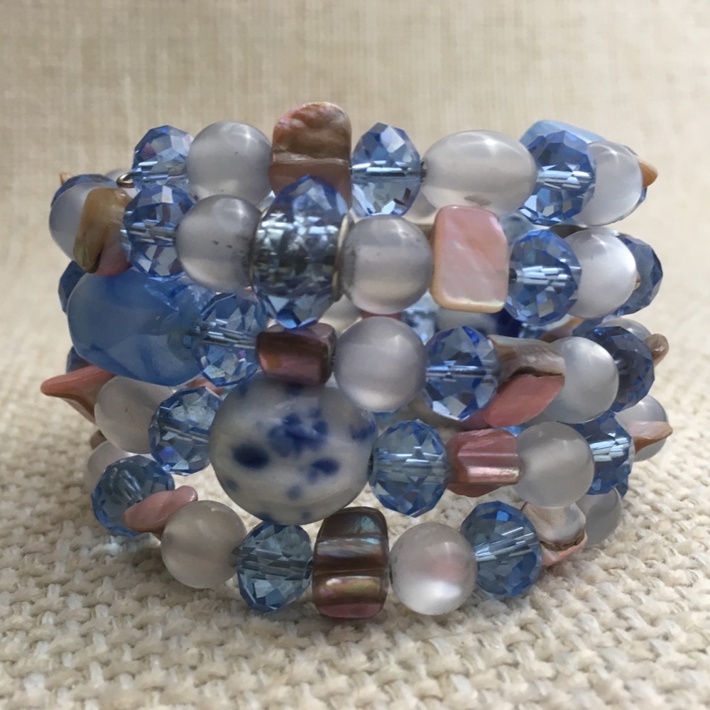 Beaded Wrap Bracelet Mixed Stones Wide Cuff BL WH